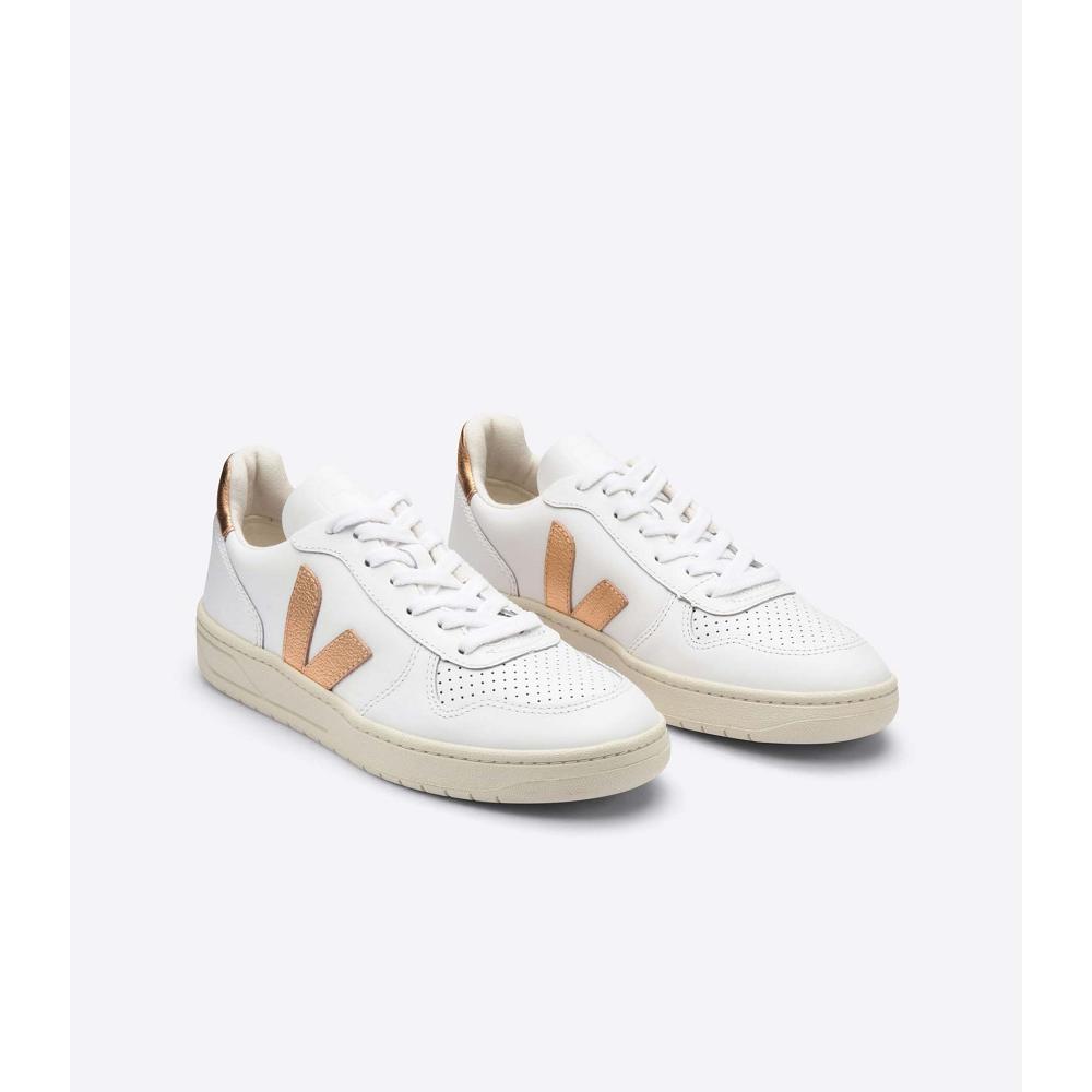 Veja V-10 LEATHER Sneakers Dames White/Gold | BE 641CTV